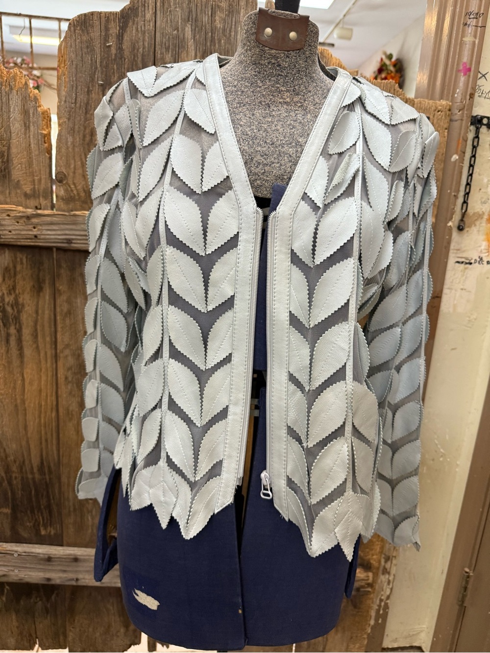 Light Gray Leather Leaf-Appliqué Jacket